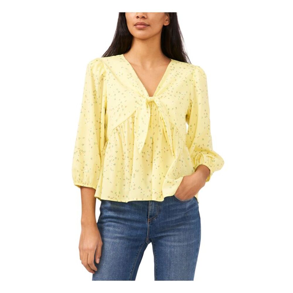 RILEY&RAE Womens Yellow Ruffled Bow Detail Floral 3/4 Sleeve V Neck Top M - Picture 3 of 5
